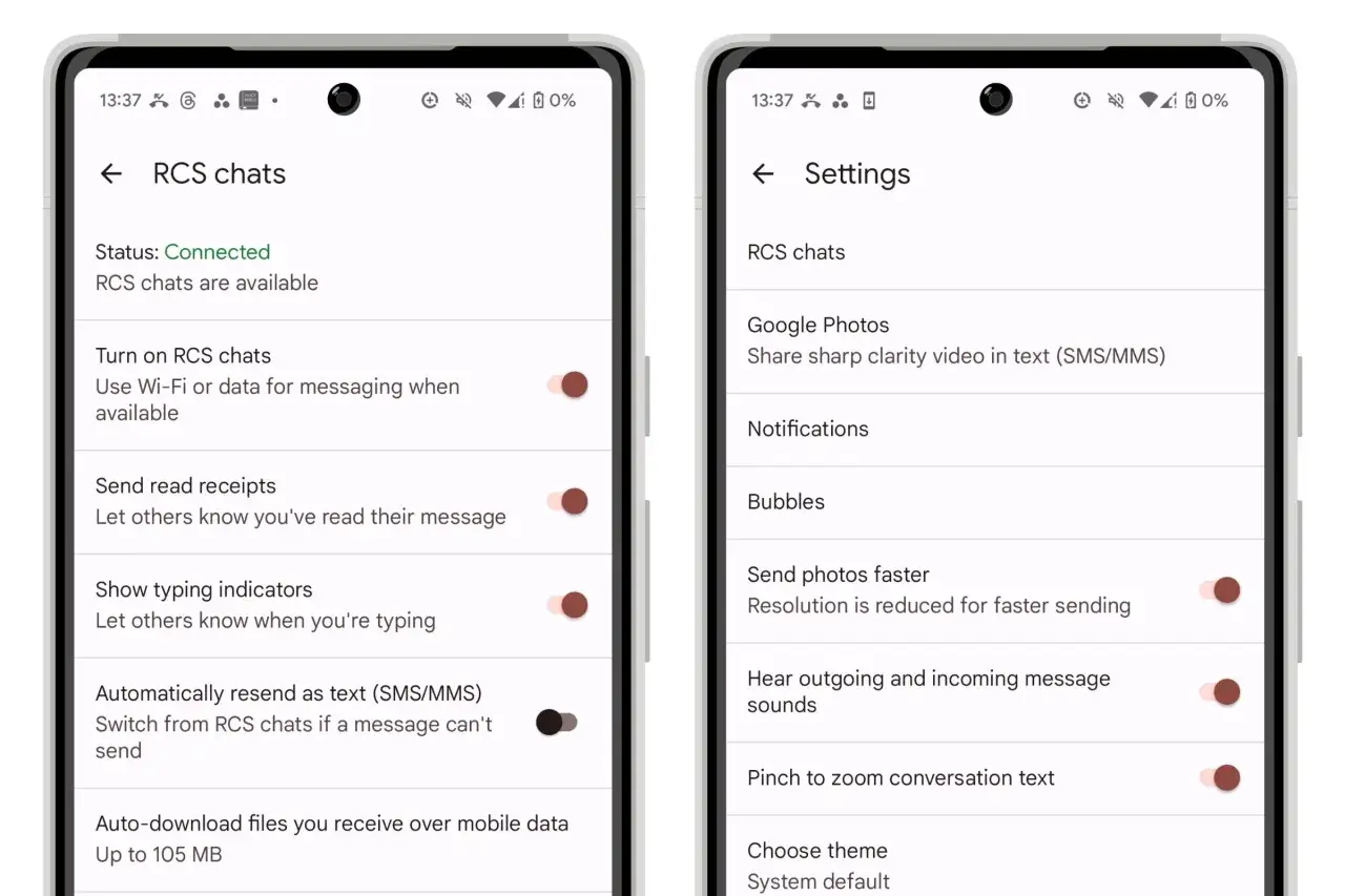 Ustawienia telefonu pokazują, jak włączyć czat RCS. Status: Połączono. Dostępne są czaty RCS.