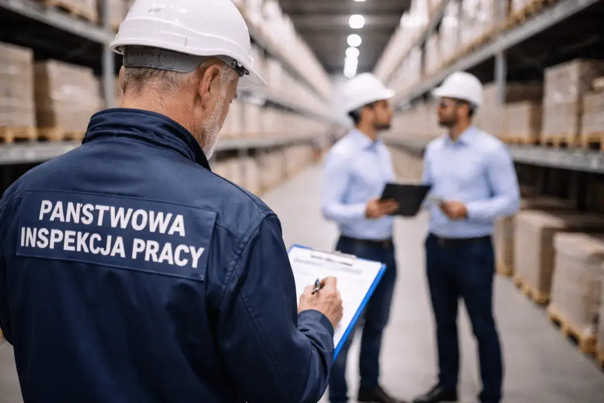 Inspektor Państwowej Inspekcji Pracy w magazynie sprawdza dokumenty, by wyeliminować pracę na czarno.