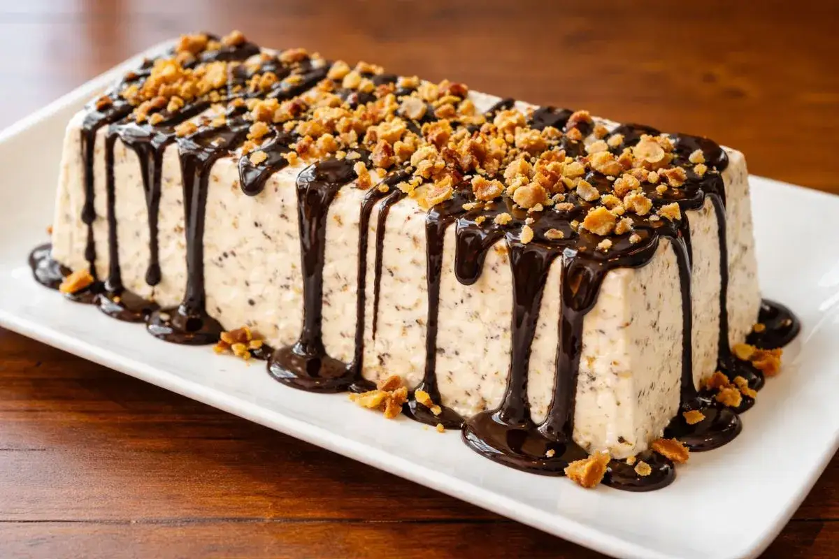 Delizioso parfait di mandorle, ricoperto da cioccolato fuso e granella croccante. Un dolce invitante.