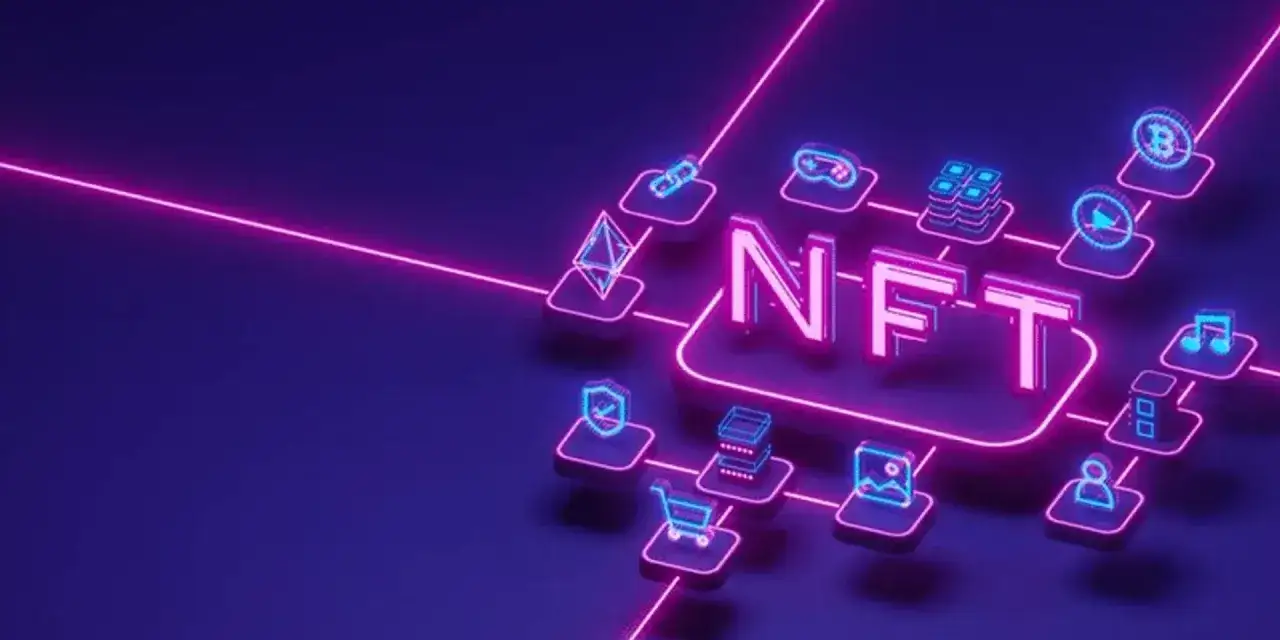 Abstrakte Darstellung von NFT (Non-Fungible Token) mit leuchtenden Symbolen f&uuml;r Kryptow&auml;hrung, Spiele, Musik und mehr, verbunden durch neonfarbene Linien.