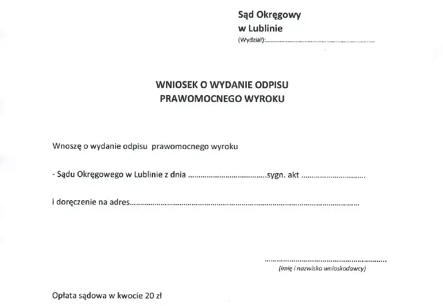 Wniosek o odpis wyroku sądowego wzór