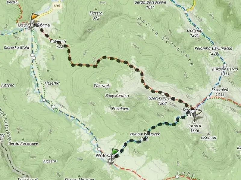 Mapa szlaków na Tarnicę z Wołosatego i Ustrzyk Górnych
