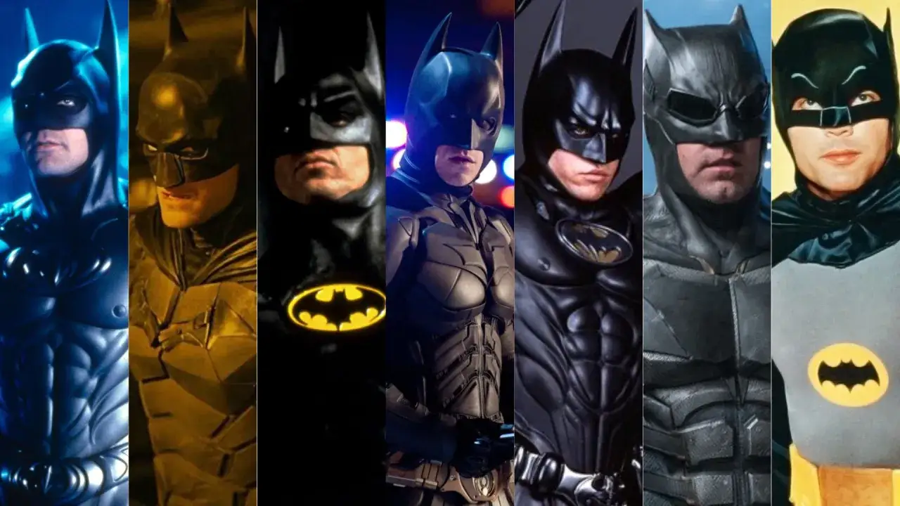 Collage de plusieurs acteurs ayant incarné Batman, montrant l'évolution du costume du célèbre batman acteur.