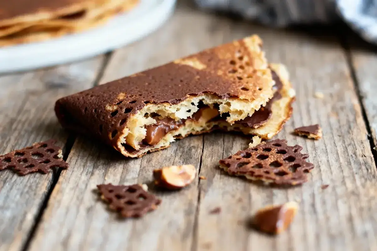Crêpe au chocolat, garnie d'une crème onctueuse et parsemée de morceaux croustillants feuillantine sans praliné. Un délice !