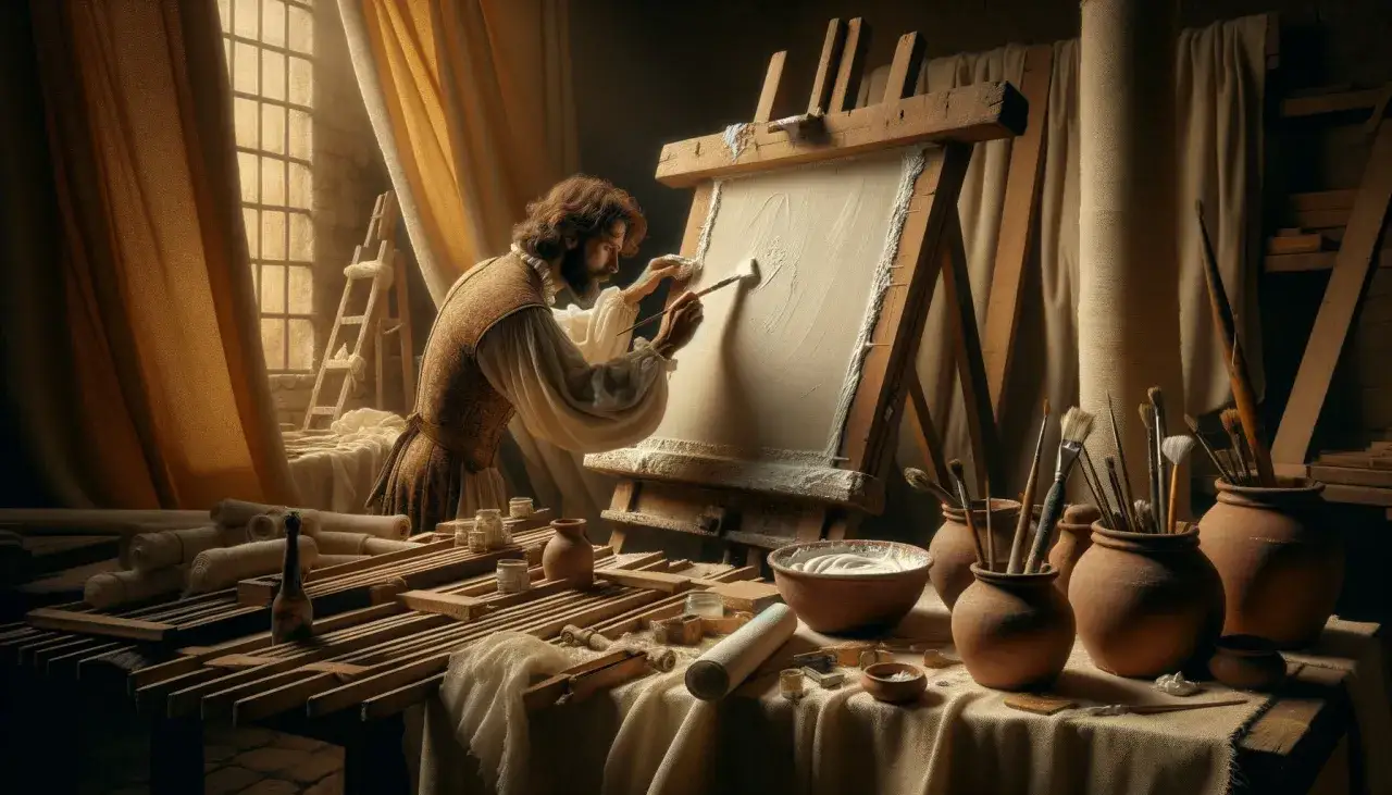 Un artiste, en pleine pr&eacute;paration peinture, applique une couche sur sa toile. Pinceaux, pots et rouleaux de tissu sont dispos&eacute;s sur la table.