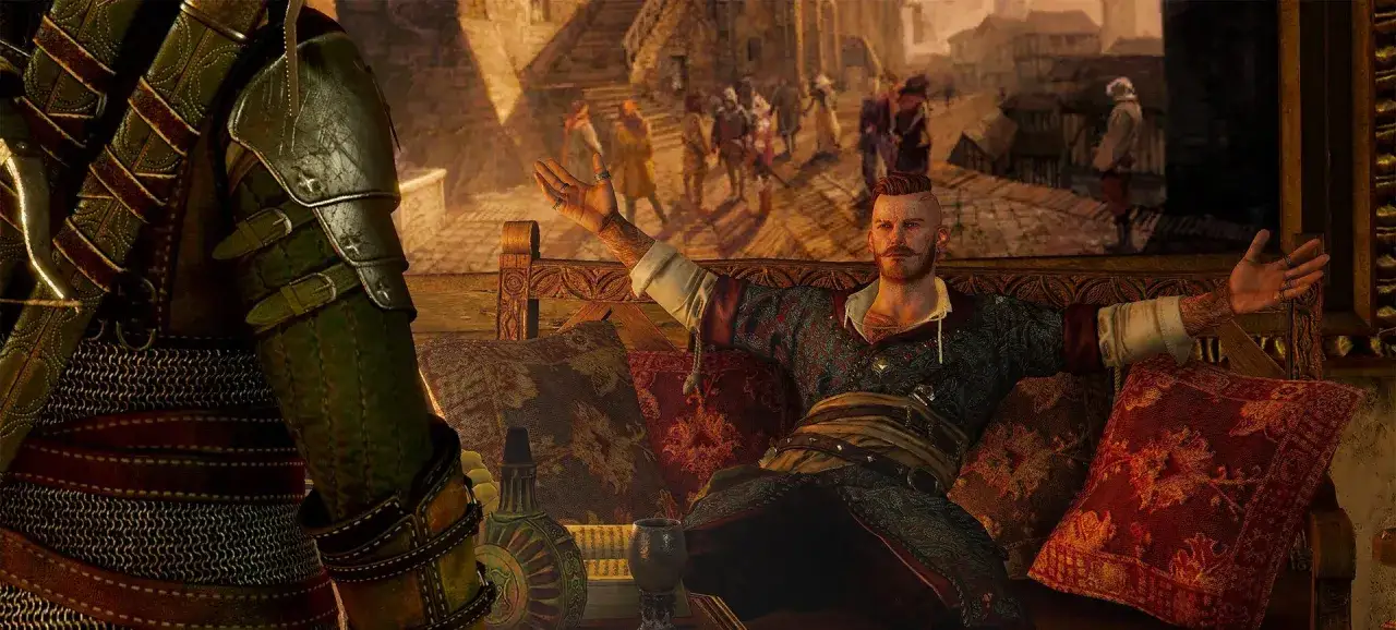 Geralt w zbroi stoi przed Olgierdem von Everecem, który siedzi na sofie, opowiadając historię z Wiedźmin 3 Serce z Kamienia.