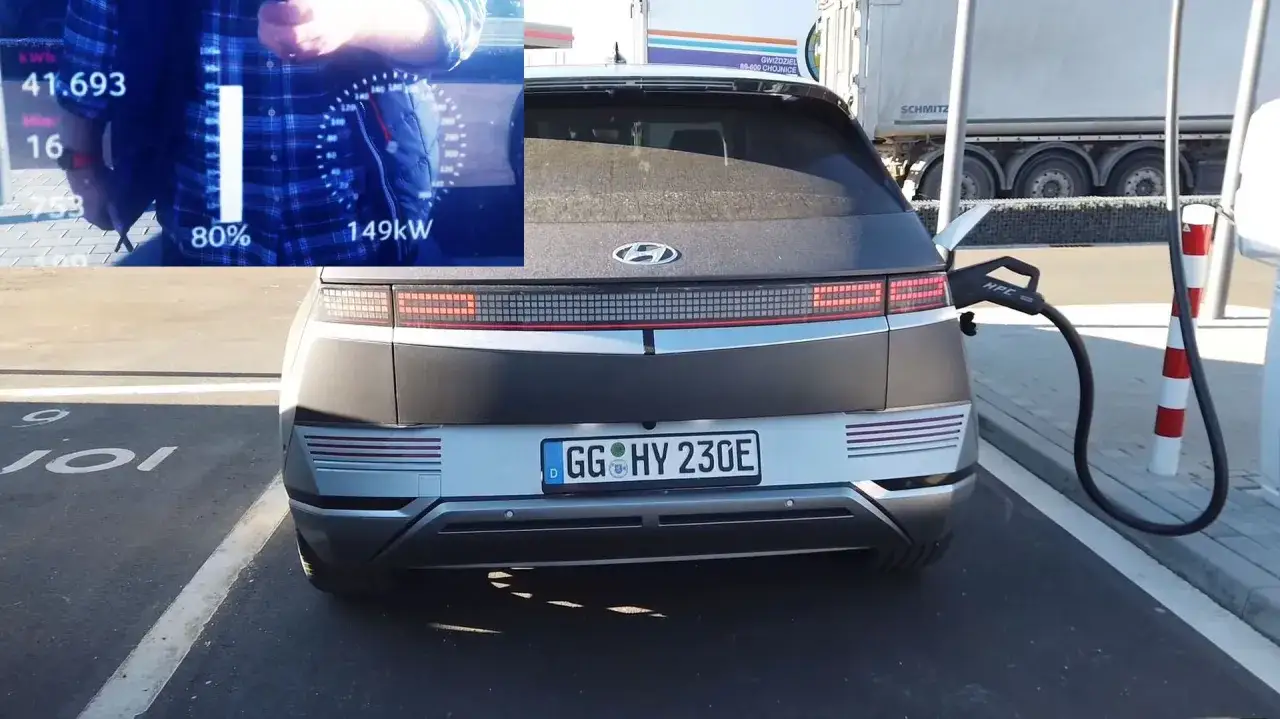 Ładowanie Hyundai Ioniq 5. Wskaźnik pokazuje 80% naładowania i moc 149 kW.