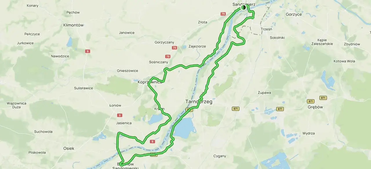 Mapa z zaznaczonymi trasami rowerowymi wok&oacute;ł Sandomierza i Tarnobrzega.
