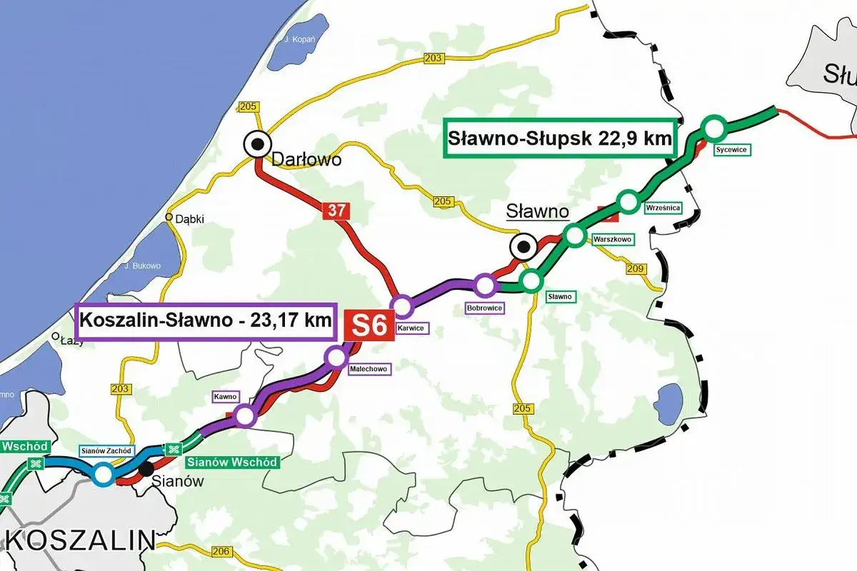 Mapa drogowa S6: Koszalin-Sławno i Sławno-Słupsk. Widać Dąbki, Darłowo i Sławno.
