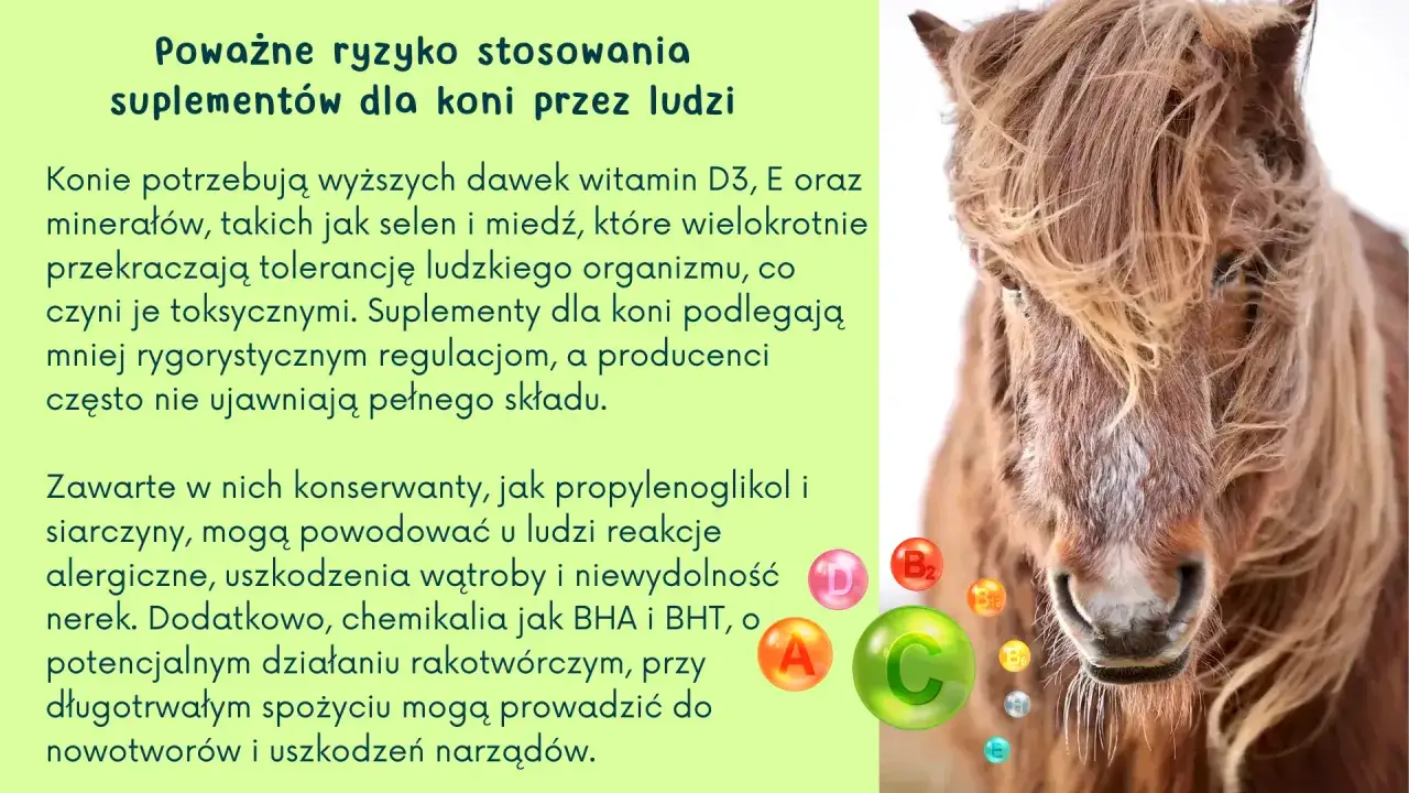 Końska dawka witamin może zaszkodzić ludziom. Suplementy dla koni zawierają składniki, które mogą powodować poważne skutki uboczne, w tym uszkodzenia narządów.