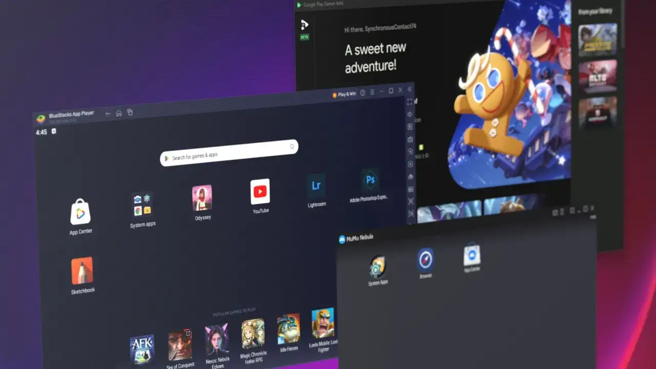 Różne okna emulatora androida: BlueStacks, Google Play Games i MuMu Nebula, prezentujące gry i aplikacje.