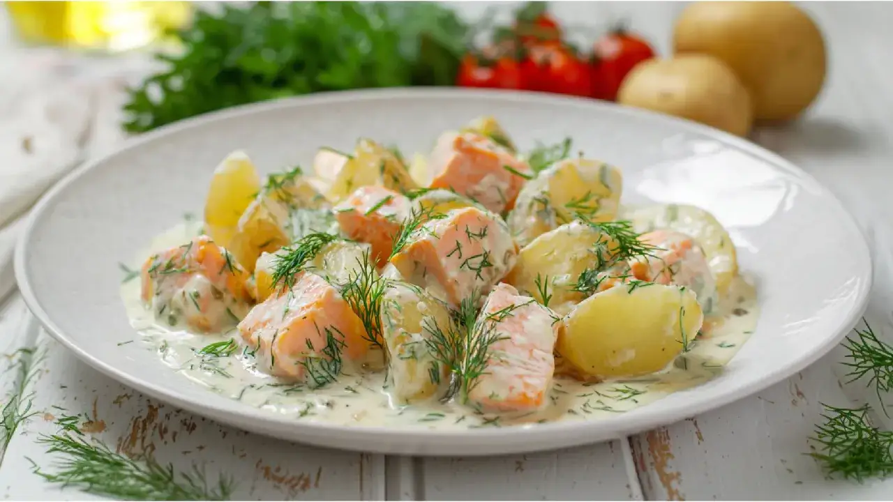 Ein Teller mit saftigem Lachs und zarten Kartoffeln in cremiger Dillso&szlig;e, garniert mit frischem Dill. Ein k&ouml;stliches Gericht, das Lust auf mehr macht.