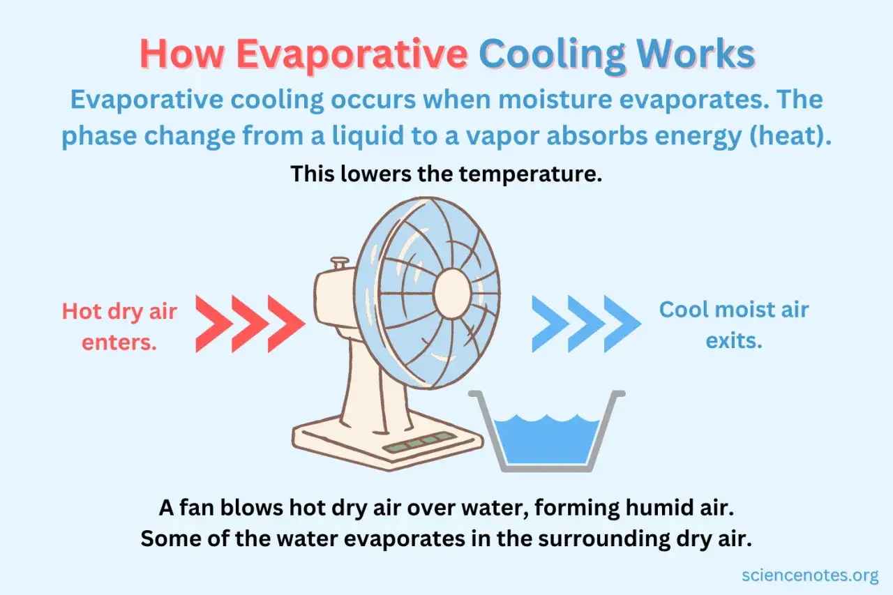 Un climatizador evaporativo usa un ventilador para soplar aire caliente y seco sobre agua. El agua se evapora, enfriando el aire.