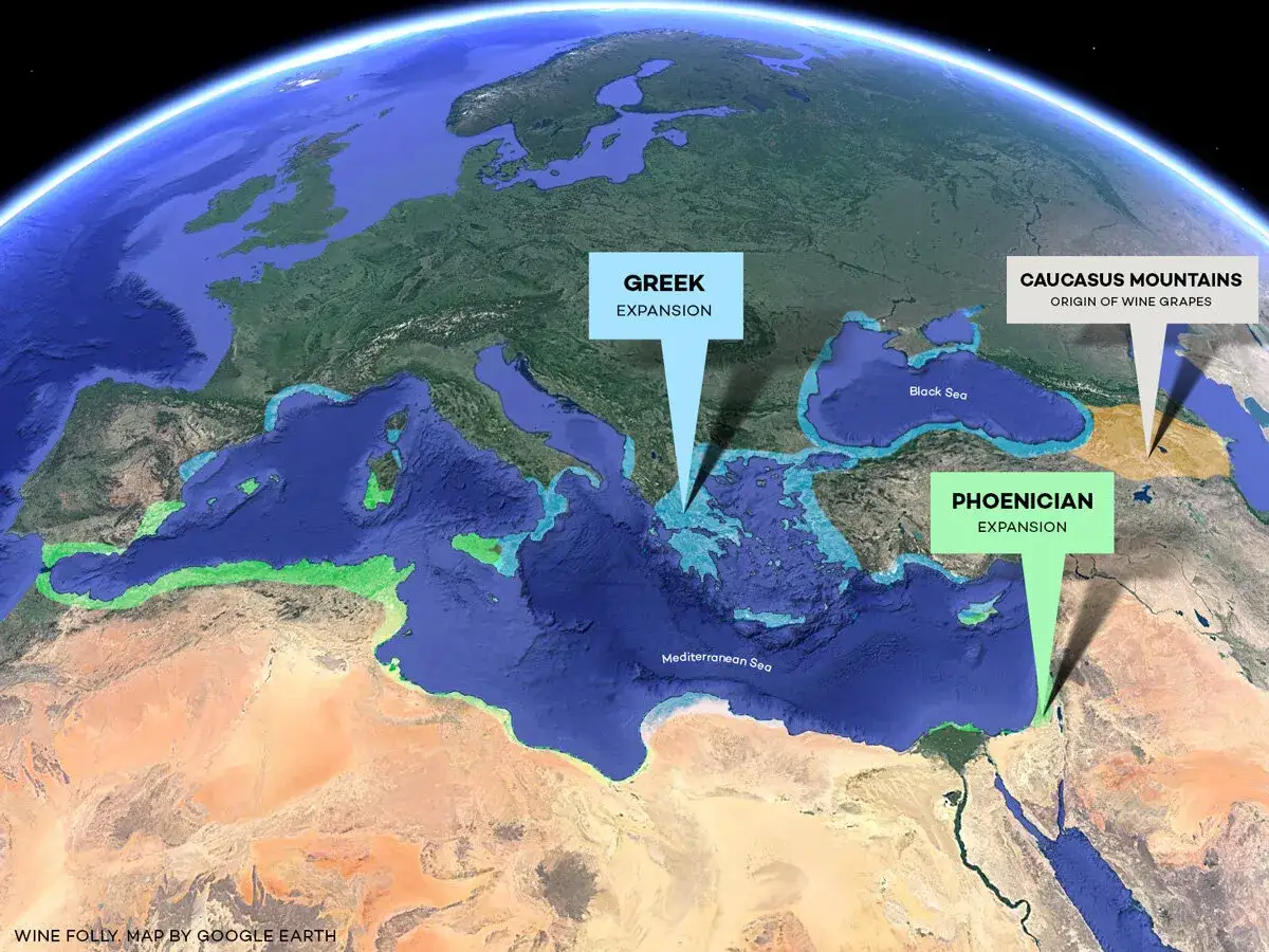 Mappa della Terra che mostra dove è nato il vino: Monti del Caucaso, espansione greca e fenicia nel Mediterraneo.