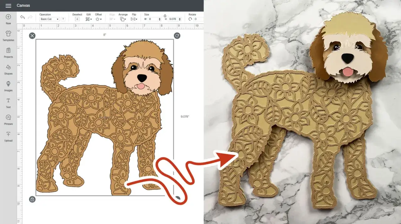 Mehrfarbig plotten Cricut: Ein s&uuml;&szlig;er Hund mit Blumenmuster, digital entworfen und als Bastelprojekt umgesetzt.