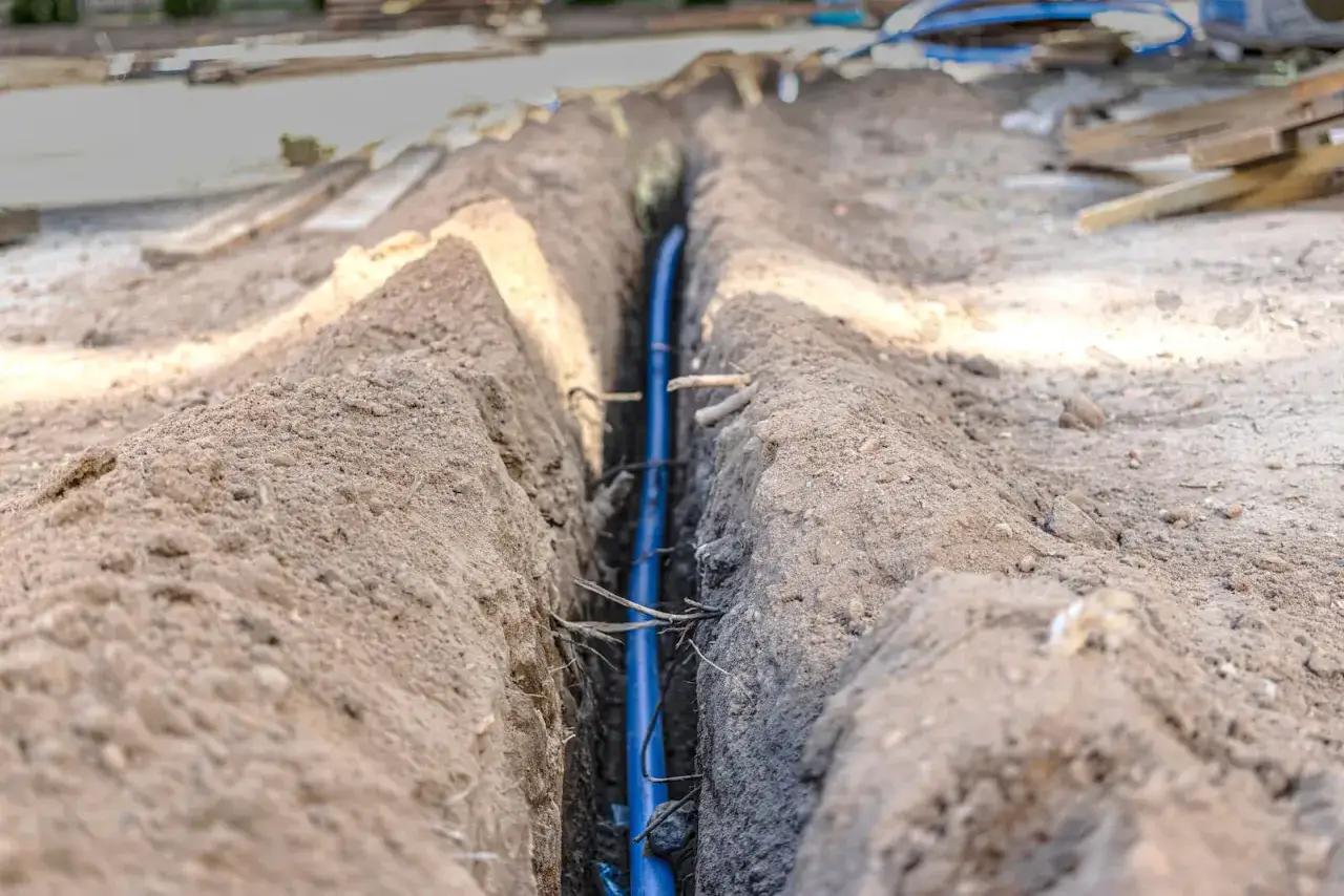 Kabel elektryczny w ziemi, przygotowany do zakopania zgodnie z przepisami. W wykopie widać niebieską rurę ochronną.