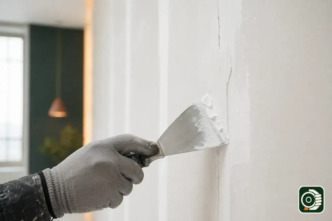 Mano guantata stende stucco su crepe nel cartongesso, pronto per il silicone.