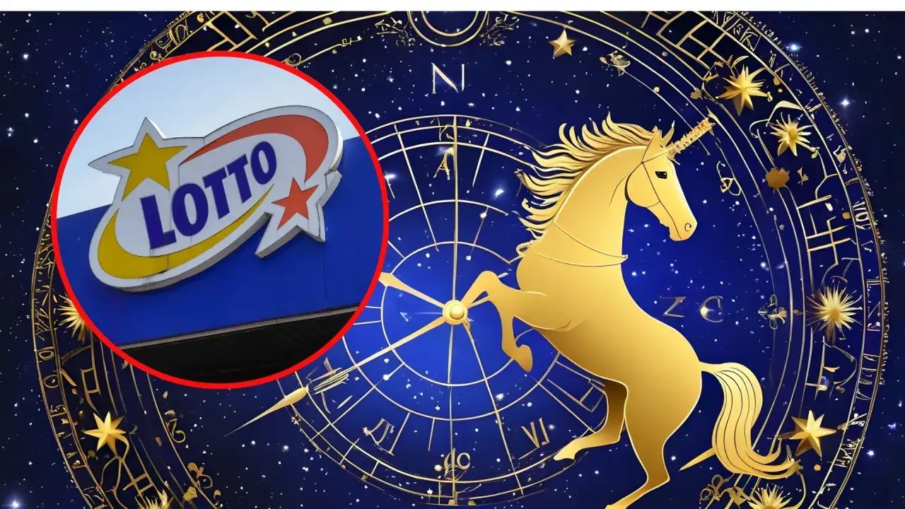 Złoty jednorożec na tle gwiazd i zodiaku, obok logo Lotto. Czy to znak, że byk znajdzie szczęśliwe liczby dla byka w lotto?