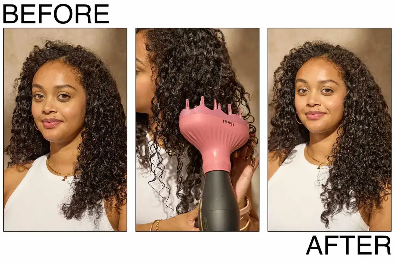 Prima e dopo: capelli ricci definiti e voluminosi grazie all'uso di un diffusore.
