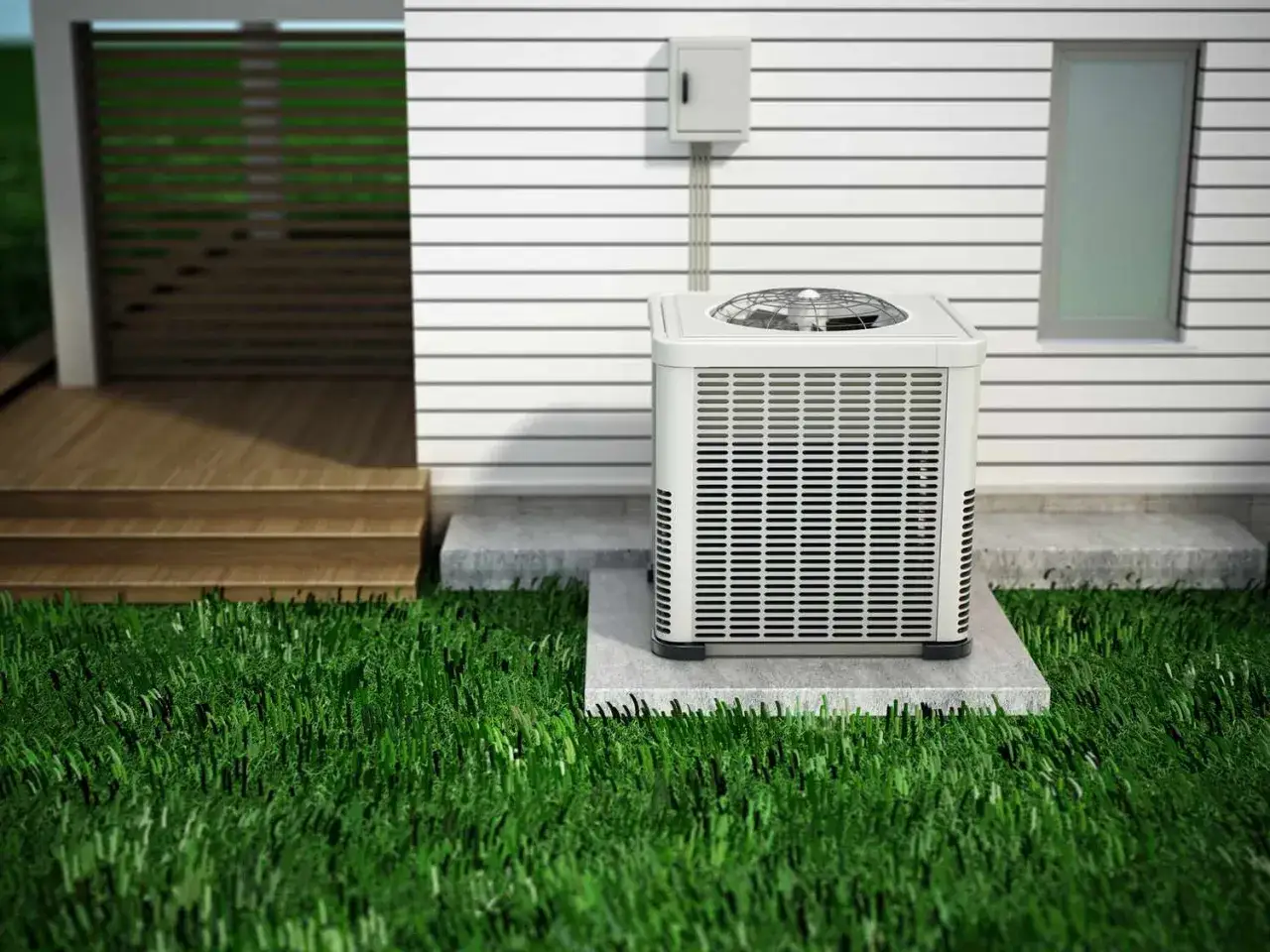 Unità esterna per il riscaldamento ad aria calda, posizionata su una base di cemento accanto a una casa con prato verde.