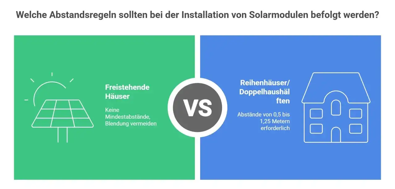 Photovoltaik: Freistehende Häuser brauchen keine Mindestabstände, aber Blendung vermeiden. Reihenhäuser/Doppelhaushälften benötigen 0,5-1,25m Abstand. Nachbarrecht beachten!