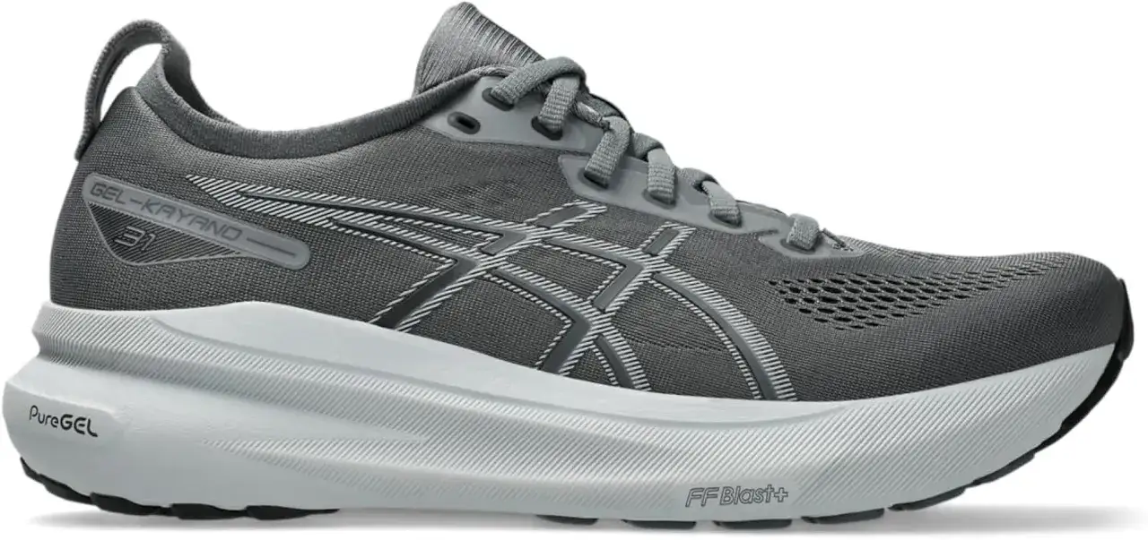 Grå löparsko, asics gel-kayano 31, med vit mellansula och svarta detaljer. Perfekt för långa löprundor.