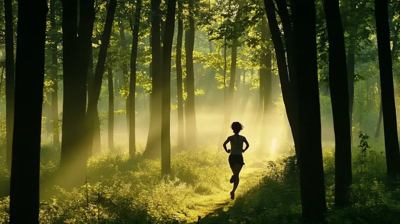 Silhouette einer Frau, die morgens joggen geht, im Sonnenlicht, das durch den Nebel im Wald fällt.