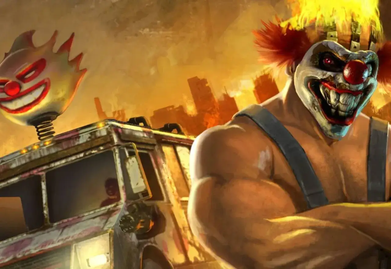 Złowrogi klaun z gry Twisted Metal stoi obok swojego przerażającego wozu lodowego, gotowy do akcji.