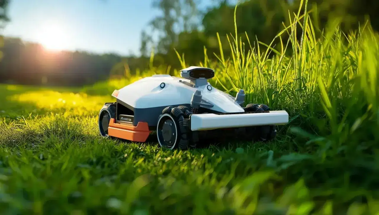 Robot cortac&eacute;sped en c&eacute;sped verde, listo para mantener tu jard&iacute;n impecable.