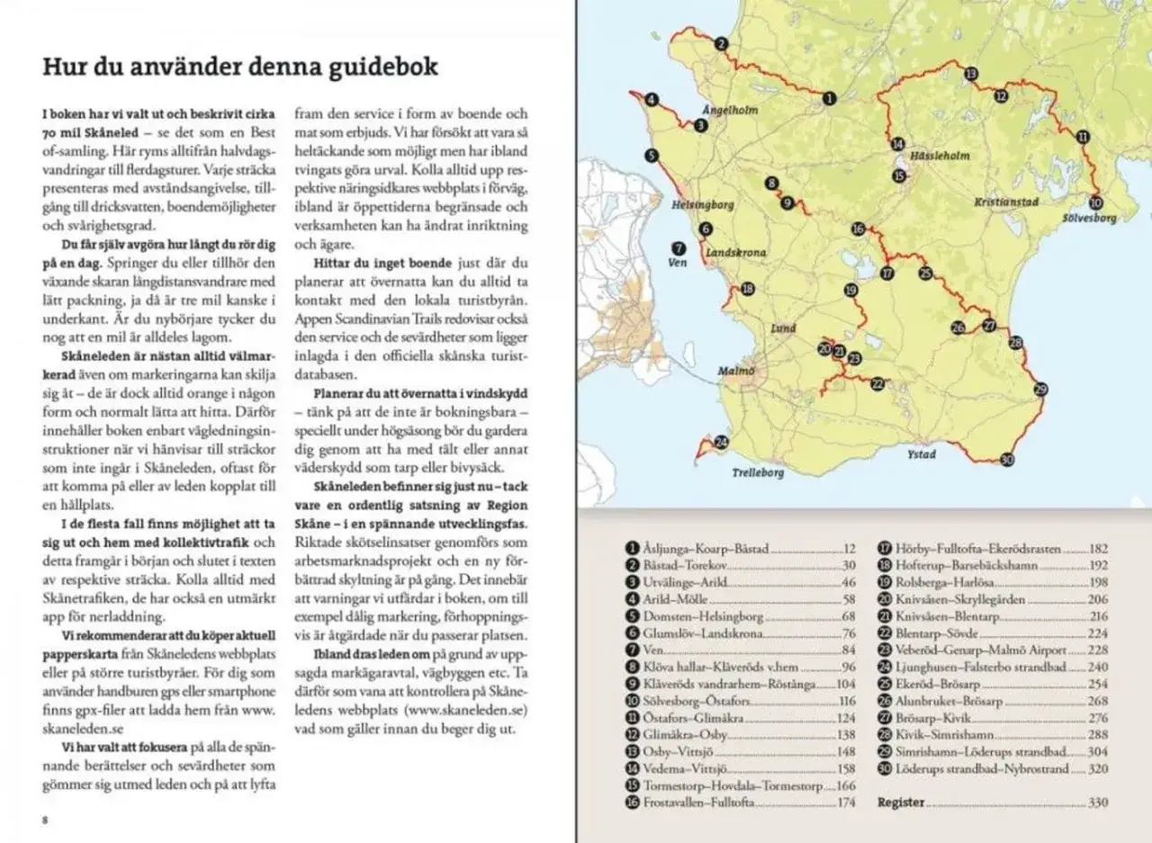 Karta över Skåne med markerade etapper av Skåneleden. Texten beskriver hur man använder guideboken.