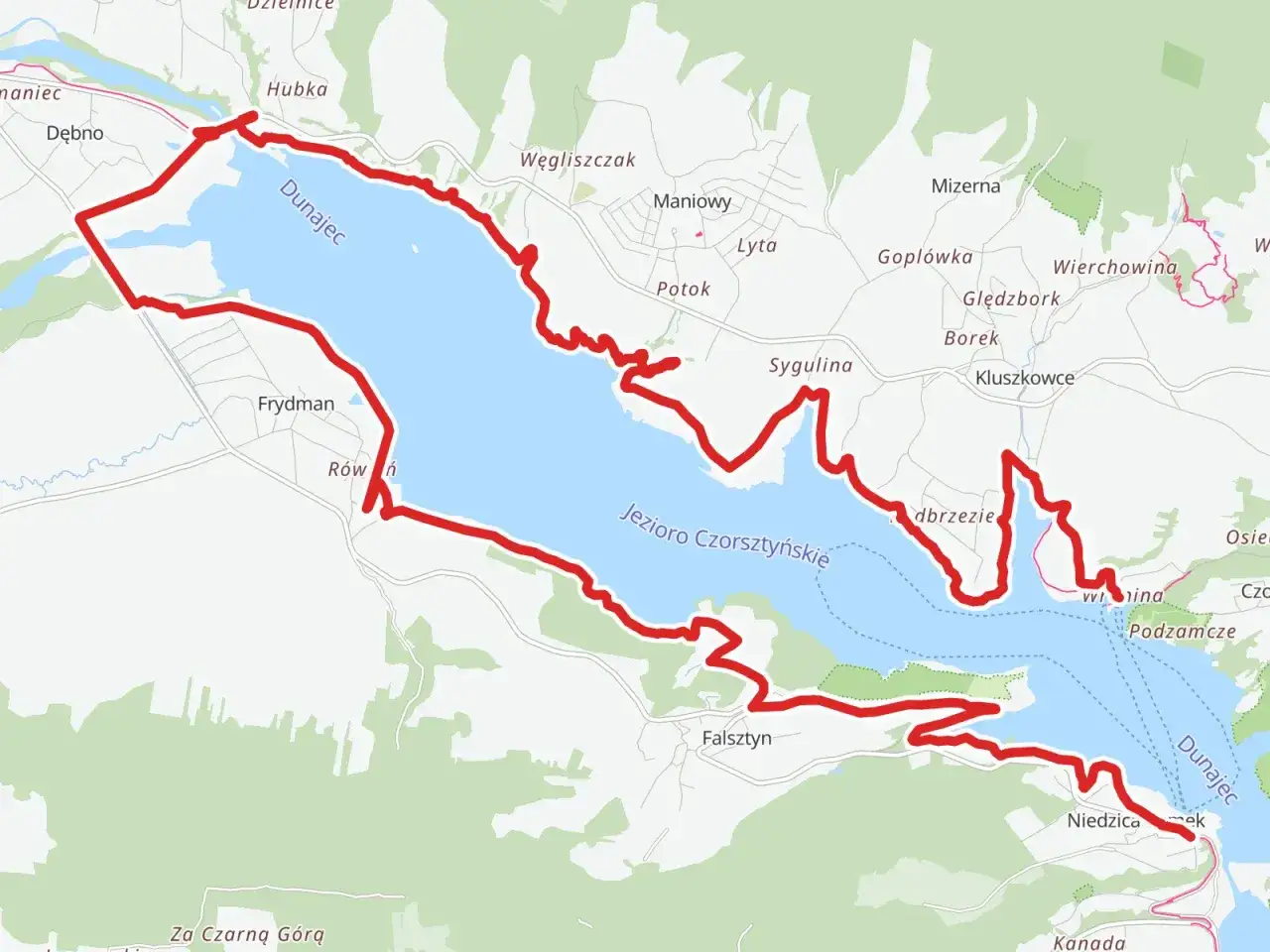 Mapa z zaznaczoną trasą rowerową wokół Jeziora Czorsztyńskiego i Dunajca. Idealna velo dunajec trasa rowerowa dla miłośników aktywnego wypoczynku.