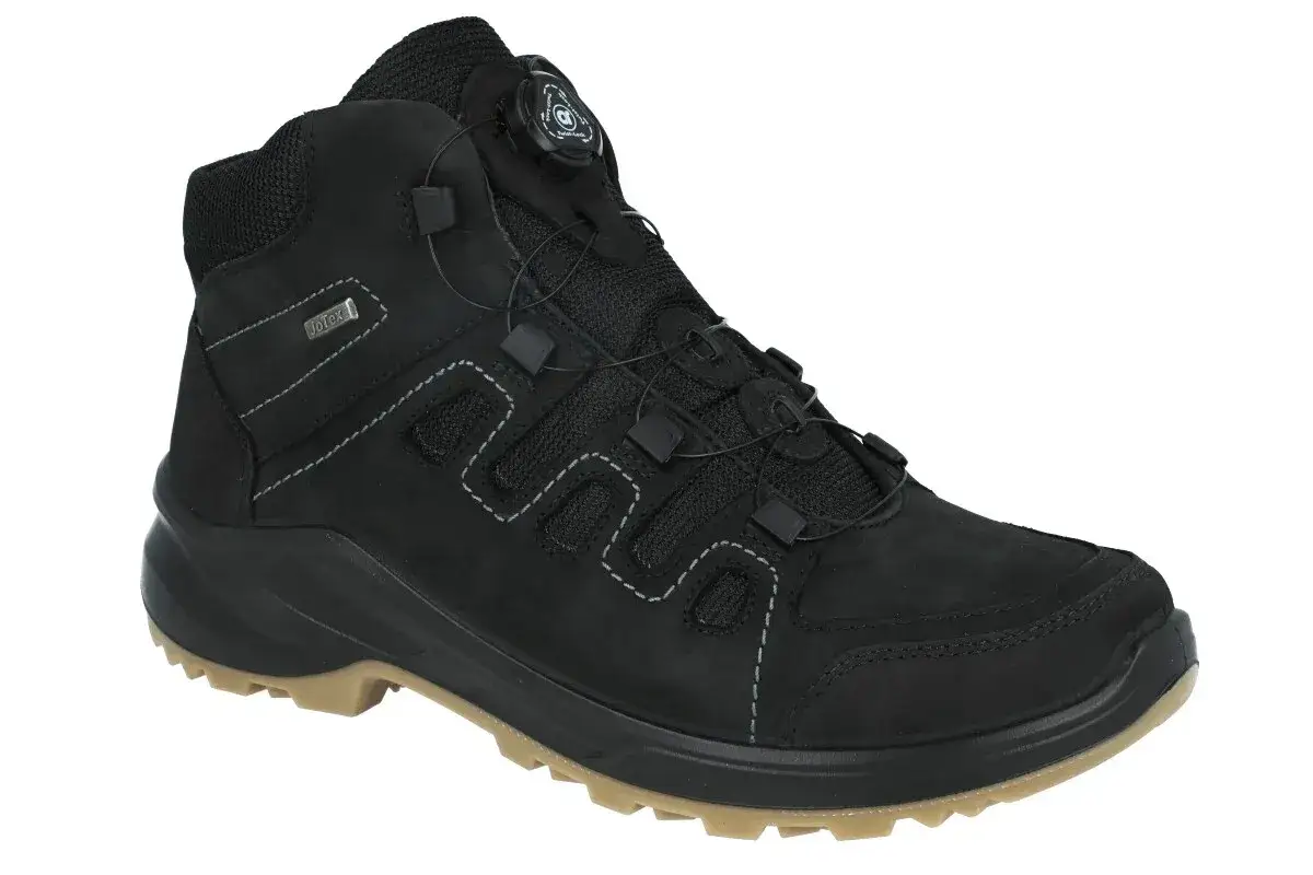 Czarne, wysokie buty trekkingowe z systemem szybkiego sznurowania Boa. Idealne, jakie buty w góry jesienią, zapewniające komfort i stabilność.