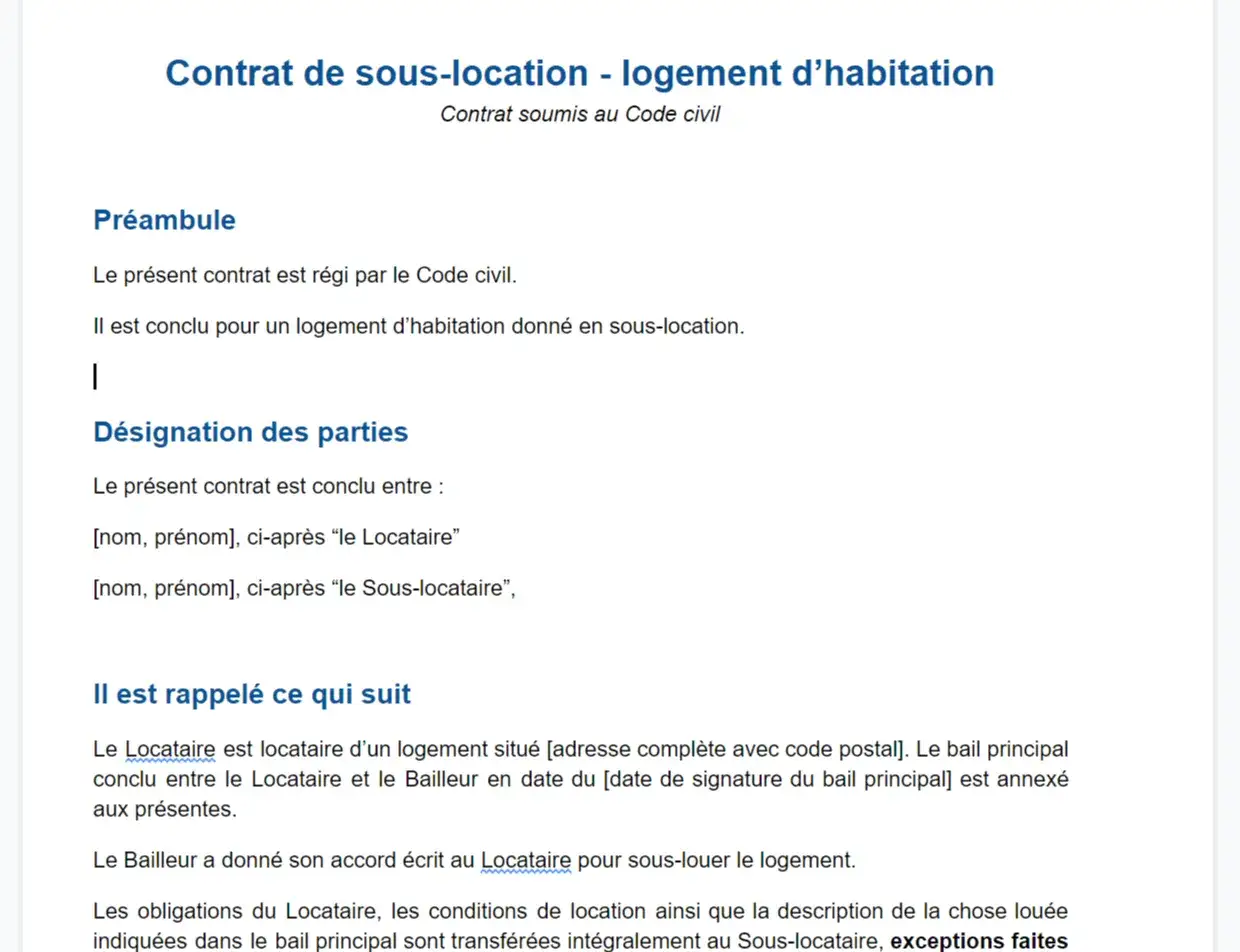 Contrat de sous-location pour un logement. Ce document détaille les termes de la sous-location, similaire à une sous location airbnb, entre le locataire principal et le sous-locataire.