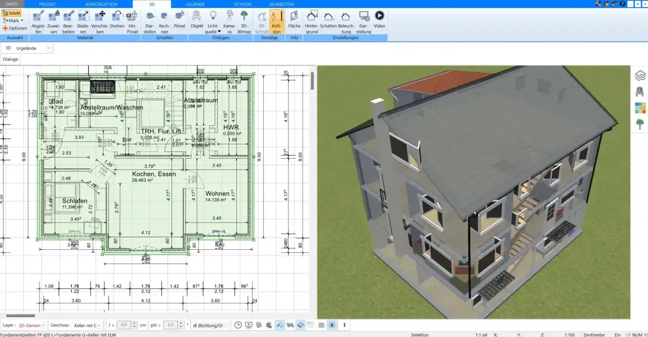 Grundriss und 3D-Ansicht eines Hauses, erstellt von einem **honoraren Architekten**.
