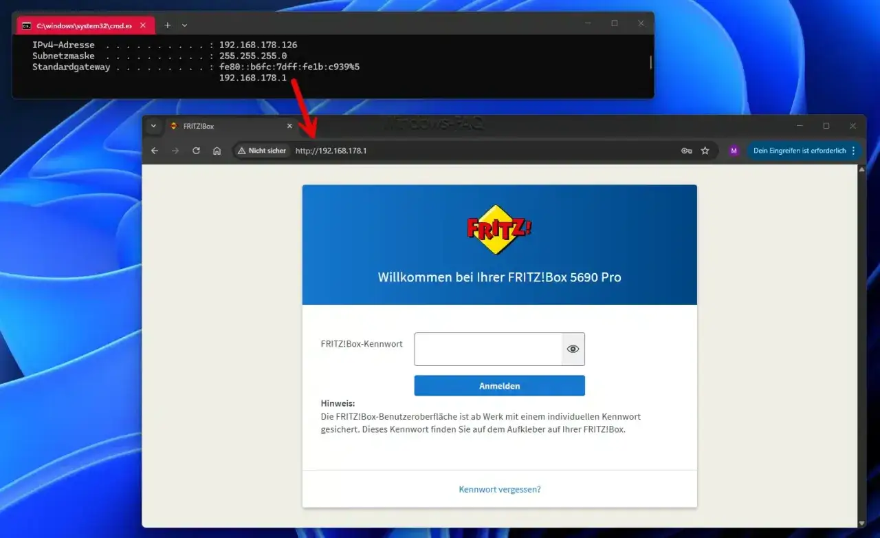 Der Browser zeigt die Anmeldeseite der FRITZ!Box an, nachdem die IP-Adresse 192.168.178.1 eingegeben wurde.