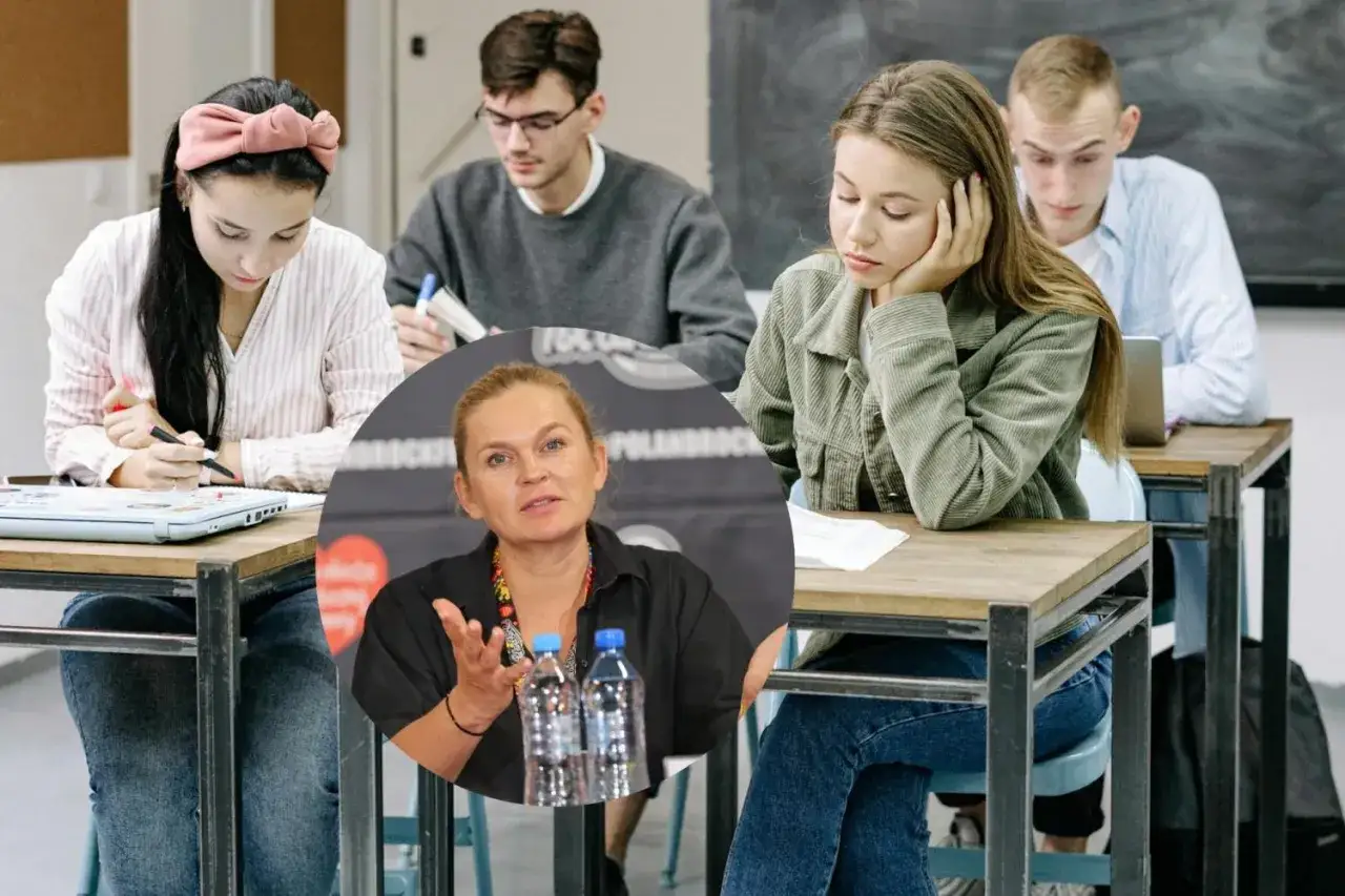 Uczniowie skupieni na lekcji, a w tle kobieta przemawiająca. Czyżby nowy przedmiot w szkole?