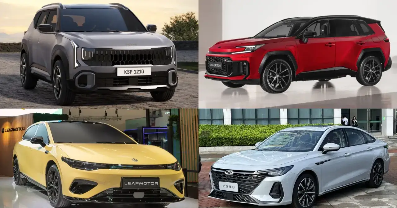 Cztery nowoczesne miejskie auta: szary SUV, czerwony SUV, żółty sedan i biały sedan.