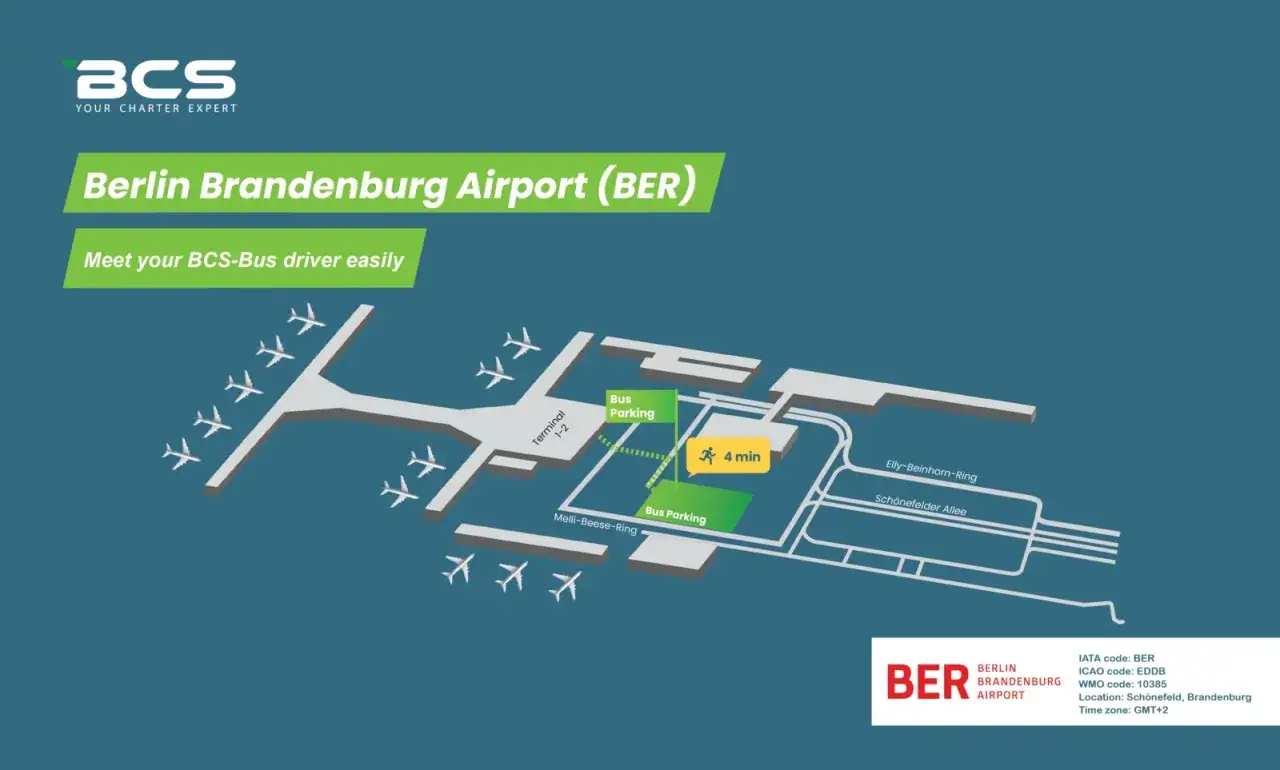 Karta &ouml;ver Berlin Brandenburg Airport (BER) som visar bussparkering n&auml;ra terminal 1-2. Enkel v&auml;gbeskrivning f&ouml;r att hitta din BCS-buss fr&aring;n berlin flygplats till centrum.