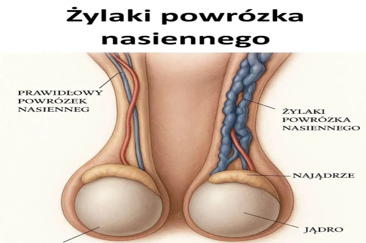 Porównanie prawidłowego powrózka nasiennego z powrózkiem z żylakami. Widoczne jądro i najądrze.