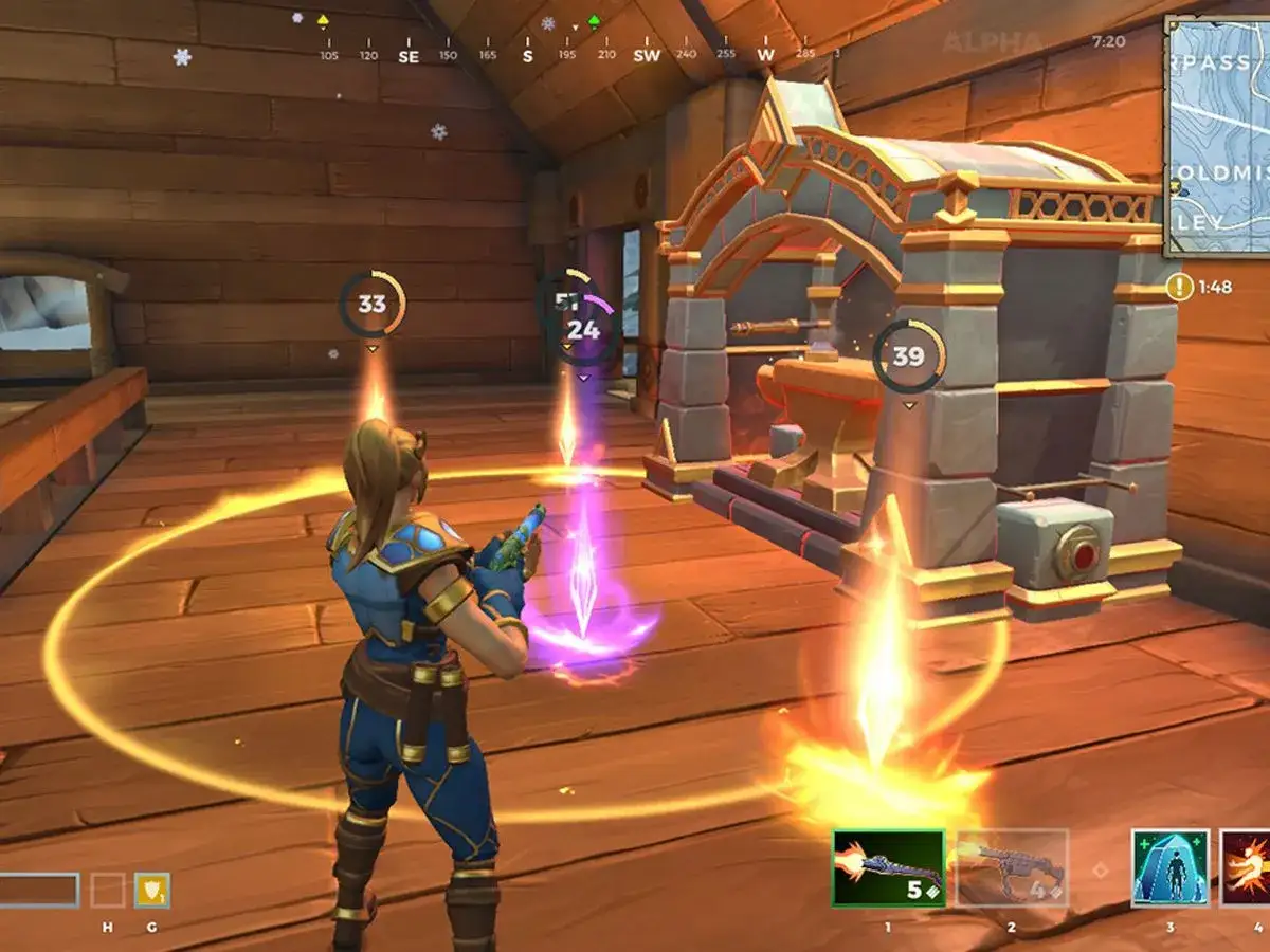 Personaggio in un gioco d'azione, con elementi che ricordano i **giochi simili a Fortnite**, si prepara a combattere vicino a un'incudine magica.