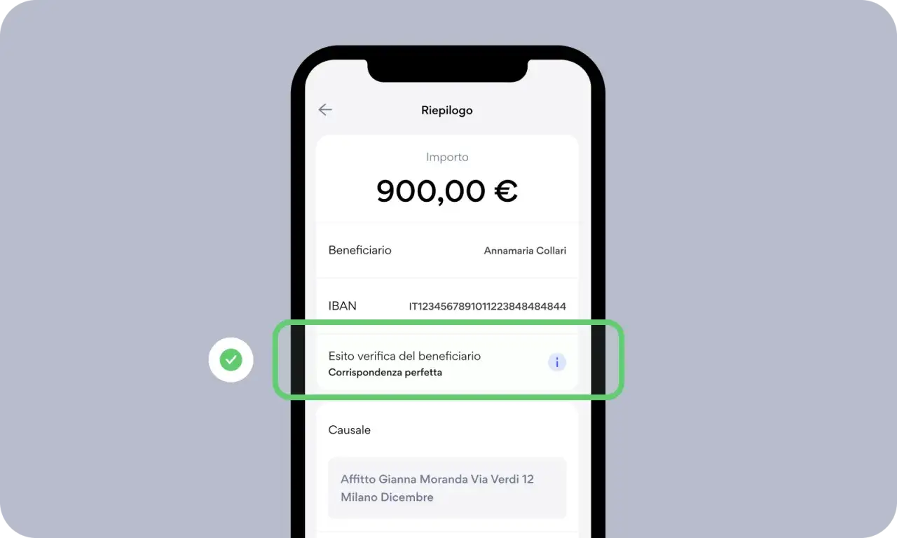 Schermata di riepilogo bonifico: importo 900&euro;, beneficiario Annamaria Collari, IBAN e verifica corrispondenza perfetta.
