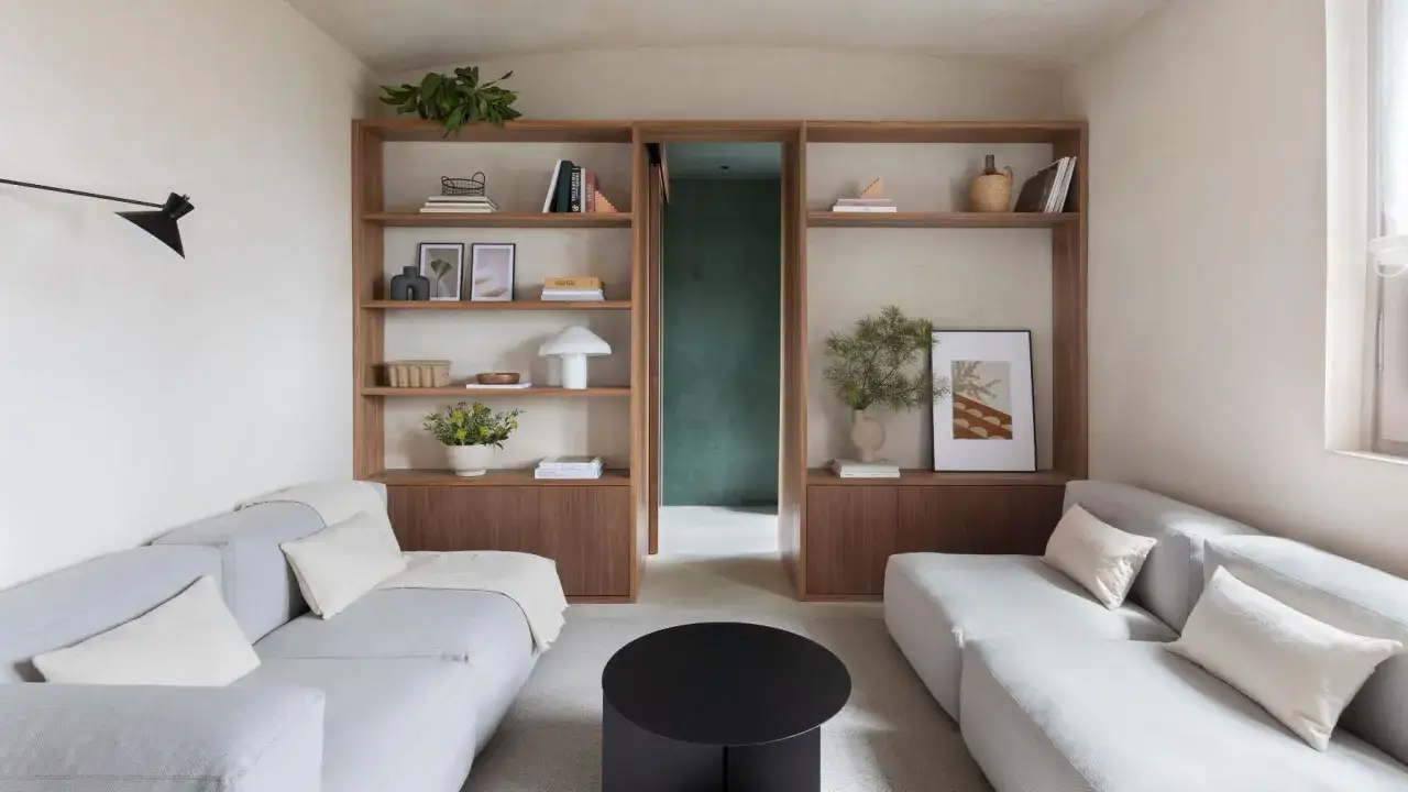 Salón acogedor con dos sofás grises, mesa negra y estanterías de madera. Ideal para mini apartamentos modernos.