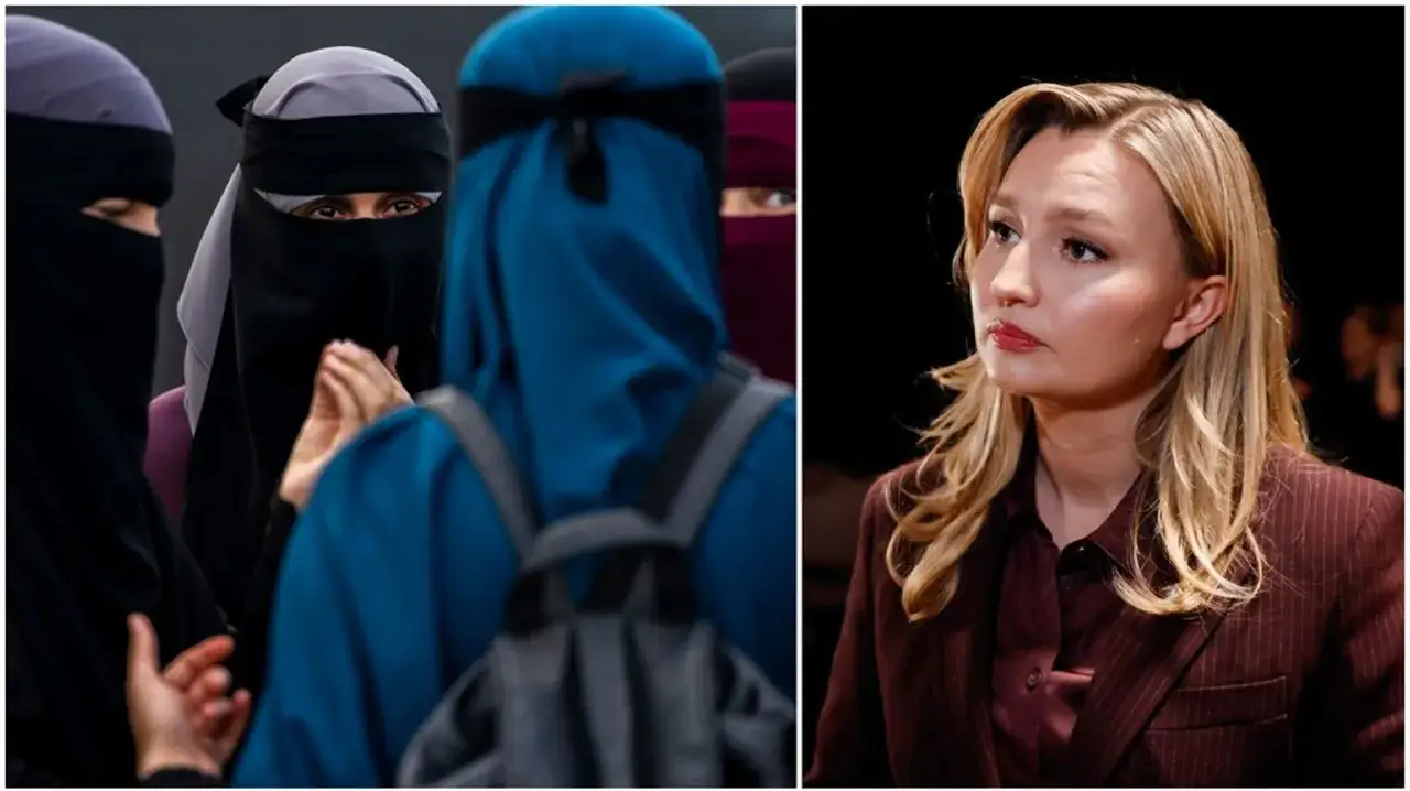 Kvinnor i sl&ouml;jor, en debatt om sharia lagar i Sverige. En kvinna i kostym tittar bort.