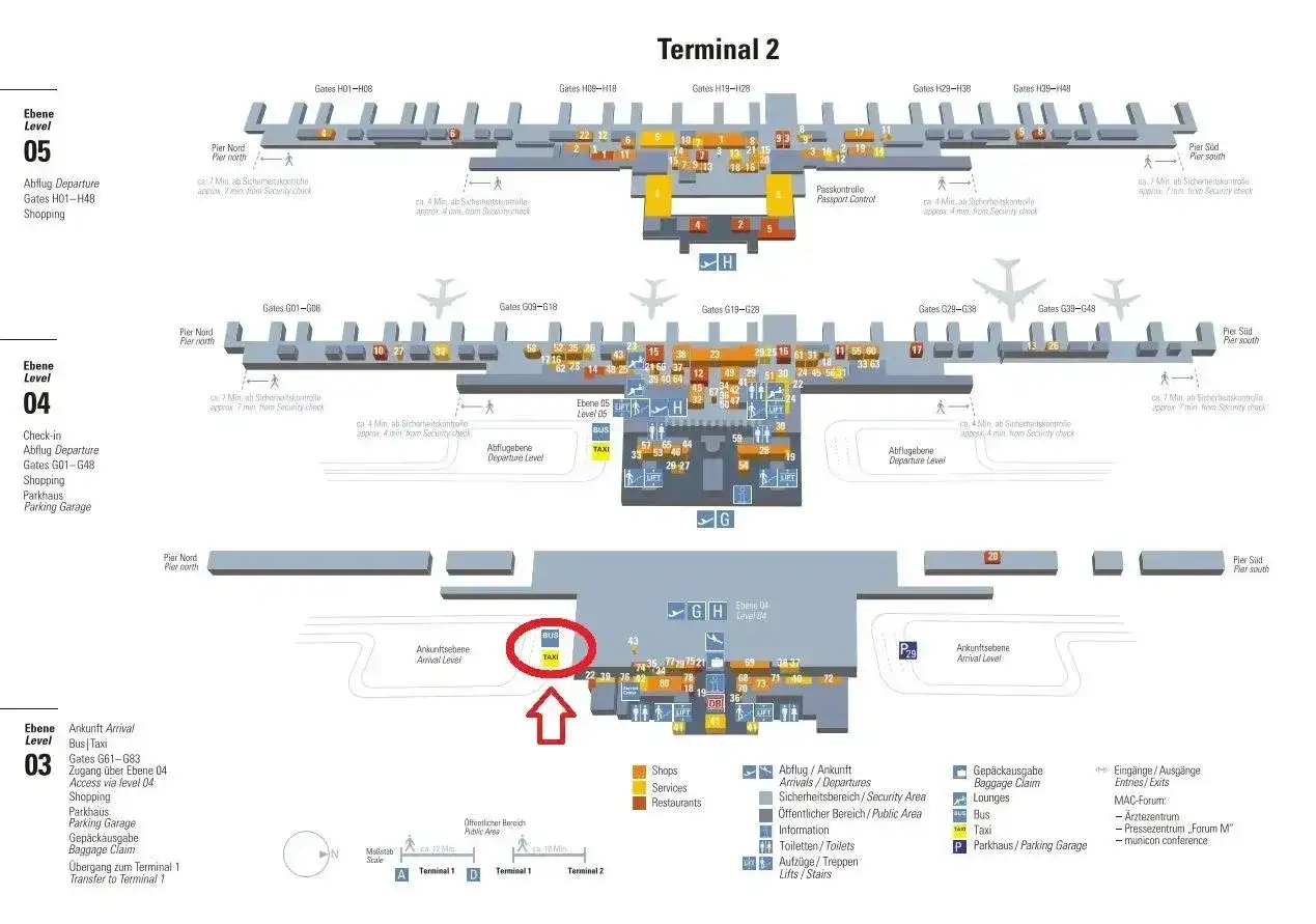 Monachium dworzec autobusowy. Mapa lotniska Terminal 2, poziom 3, strefa przylotów z zaznaczonymi przystankami autobusowymi i taksówkami.