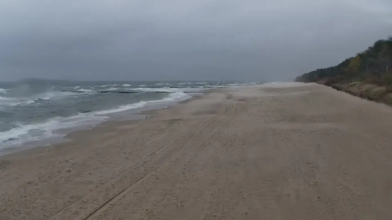 Wietrzna plaża, gdzie leży Pobierowo, z wzburzonym morzem i linią lasu w tle.
