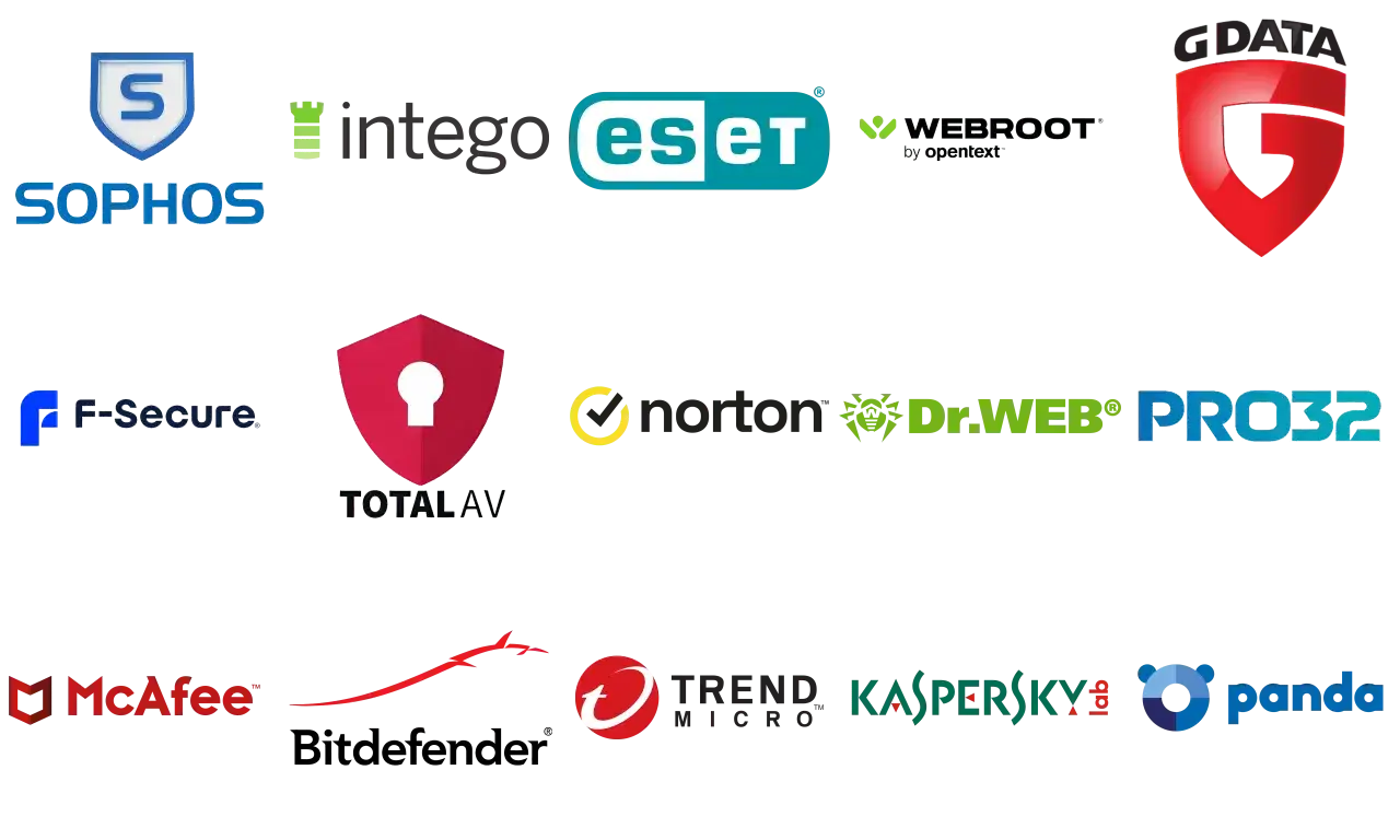 Szukasz dobrego programu antywirusowego za darmo po polsku do pobrania? Zobacz loga znanych producentów: Sophos, Intego, ESET, Webroot, G Data, F-Secure, TotalAV, Norton, Dr.Web, PRO32, McAfee, Bitdefender, Trend Micro, Kaspersky, Panda.