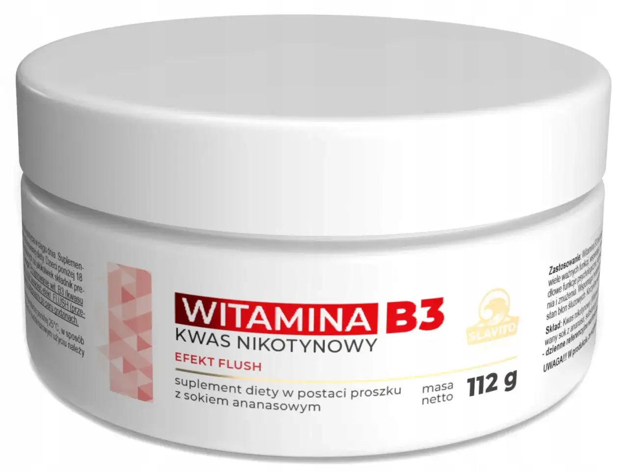 Biały słoiczek z suplementem diety Witamina B3 Kwas Nikotynowy. Produkt w proszku z sokiem ananasowym, wspiera włosy.