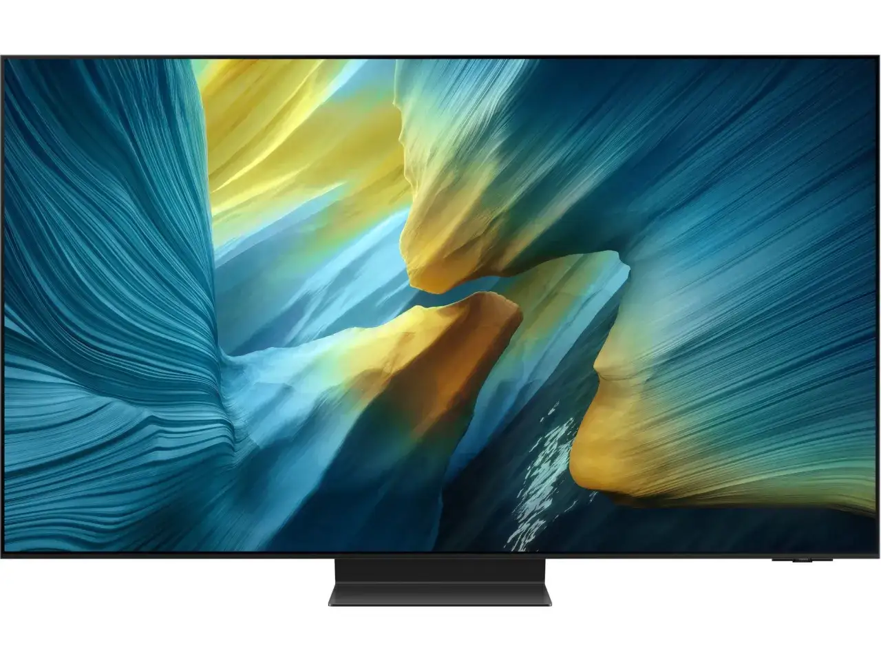 Nowoczesny telewizor z obrazem w technologii Dolby Vision, ukazującym abstrakcyjny, falujący krajobraz w odcieniach niebieskiego i żółtego.