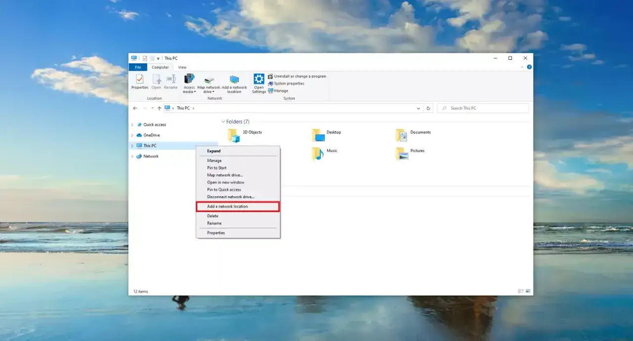 Fenêtre d'explorateur Windows montrant comment ajouter un emplacement réseau. Microsoft Shared, c'est quoi ? C'est une fonction pour connecter des ressources distantes.