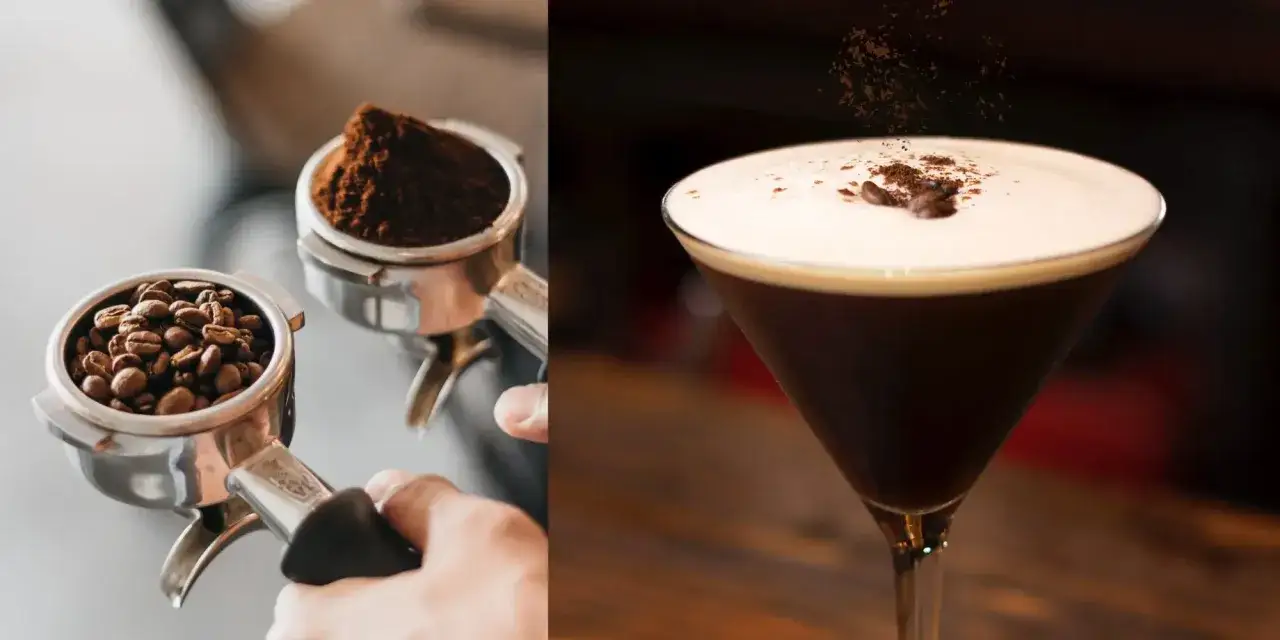 Kaffedrinkar recept: färska bönor och malet kaffe för en utsökt espresso martini.